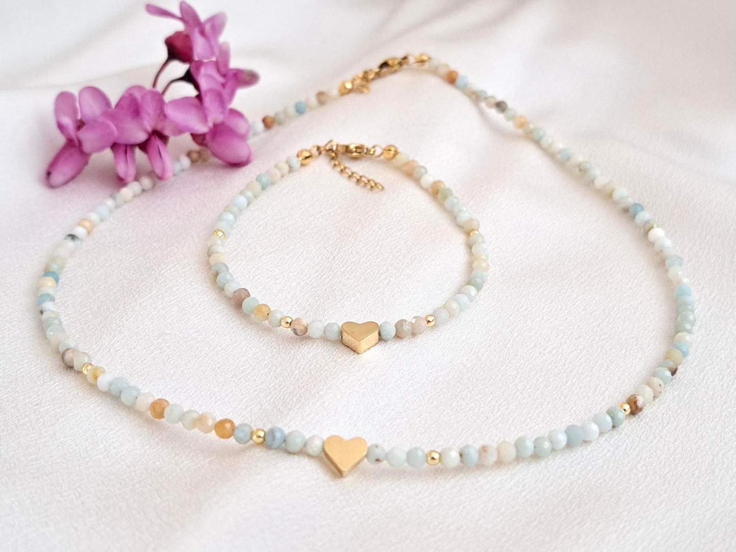 ръчно изработен сет колие и гривна с амазонит и сърце подарък